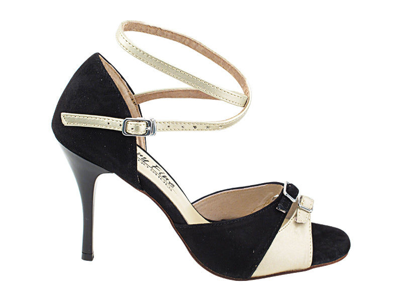 Very Fine VFTango 020 Black Suede Light Gold Leather Ladies Tango Shoes with Criss Cross Ankle Straps