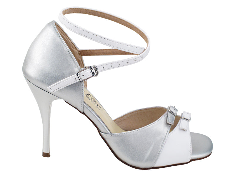 Very Fine VFTango 020 Light Silver Leather & White Leather Ladies Tango Shoes with Criss Cross Ankle Shoes