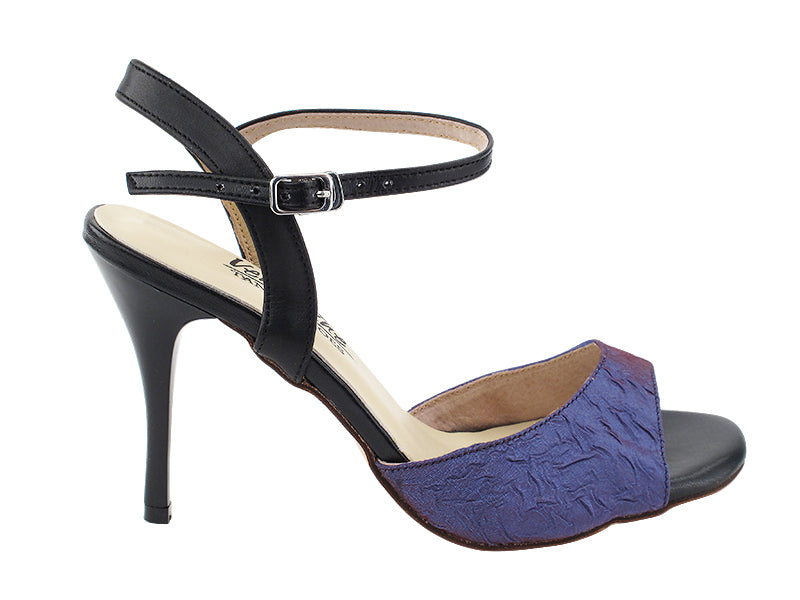 Very Fine VFTango 022 Lavender Silk Satin & Black Leather Ladies Tango Shoes with Single Ankle Strap in Multiple Widths