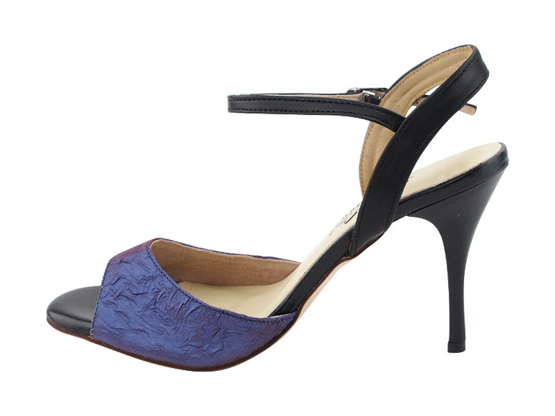 Very Fine VFTango 022 Lavender Silk Satin & Black Leather Ladies Tango Shoes with Single Ankle Strap in Multiple Widths