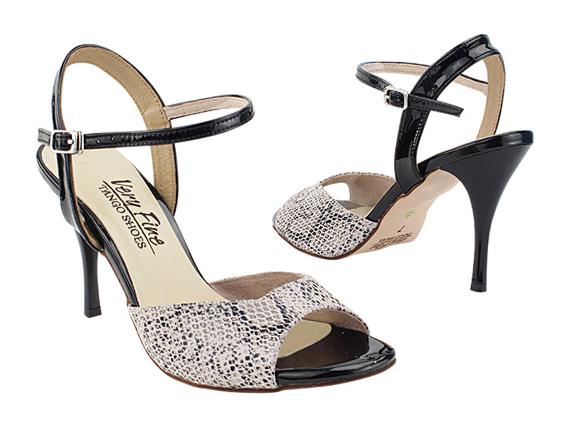 Very Fine VFTango 022 White Snake & Black Patent Ladies Tango Shoes with Single Ankle Strap in Multiple Widths