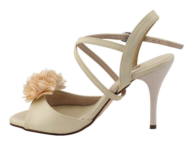 Very Fine VFTango 025 Light Beige Leather Ladies Tango Shoes with Criss Cross Ankle Straps and Flower Detail