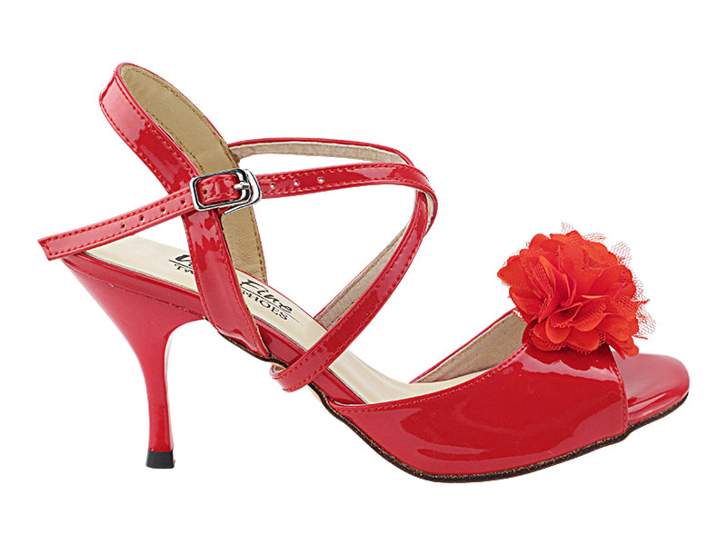 Very Fine VFTango 025 Red Patent Ladies Tango Shoes with Criss Cross Ankle Straps and Flower Detail