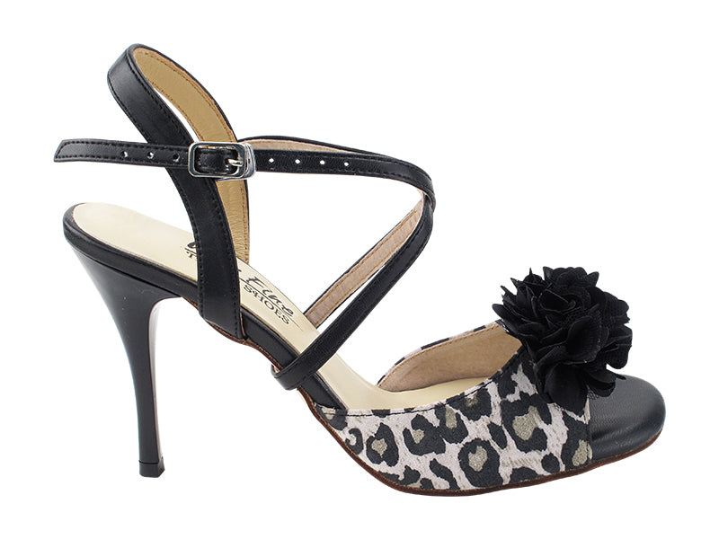 Very Fine VFTango 025 Snow Leopard Suede Ladies Tango Shoes with Criss Cross Ankle Straps and Flower Detail