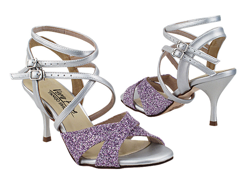 Very Fine VFTango 035 Lavender Glitter & Silver Leather Ladies Tango Shoes in Multiple Widths with Double Criss Cross Ankle Straps