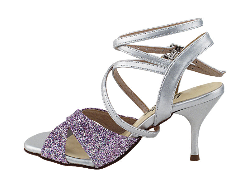Very Fine VFTango 035 Lavender Glitter & Silver Leather Ladies Tango Shoes in Multiple Widths with Double Criss Cross Ankle Straps