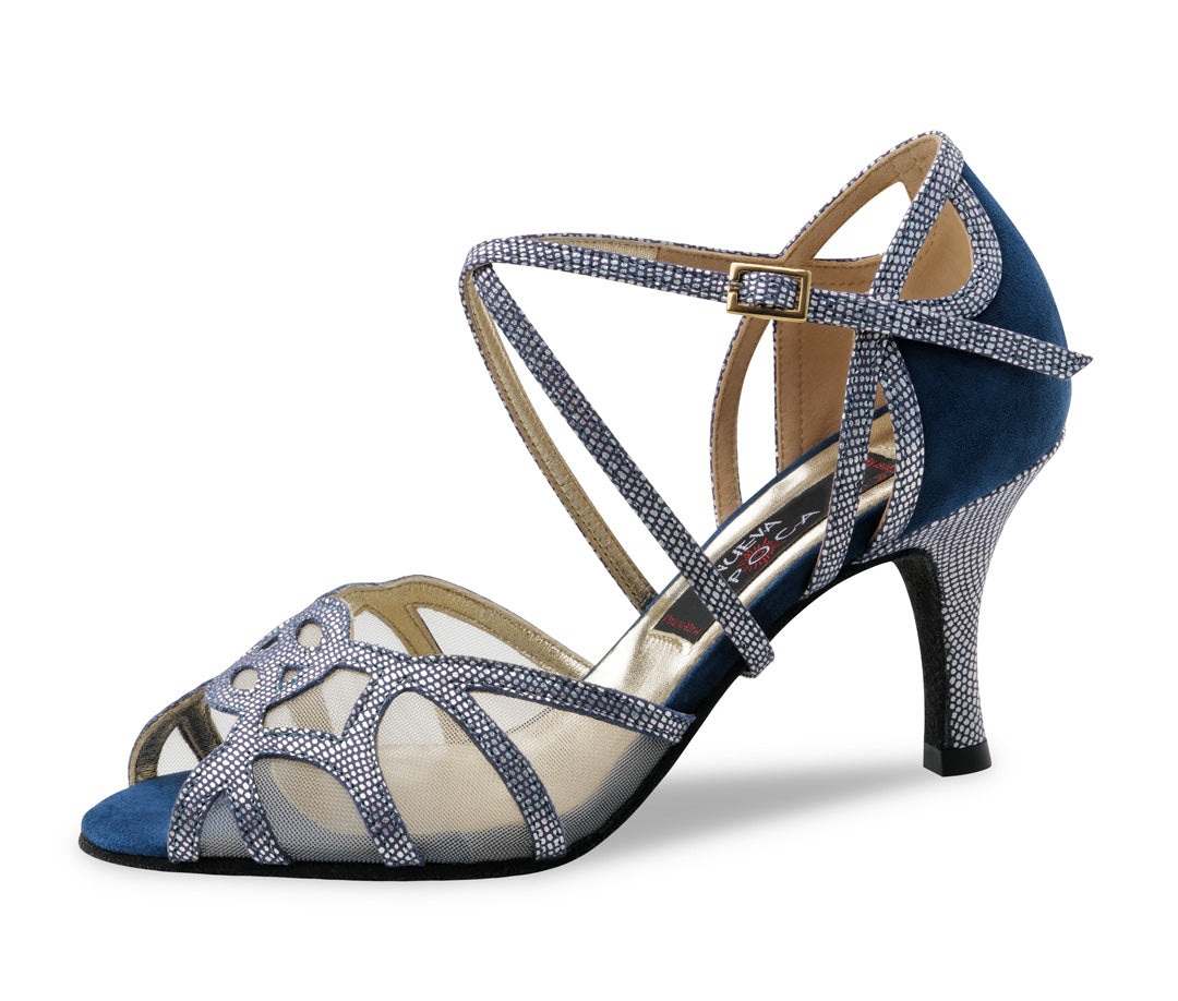 Werner Kern Adriana Women's Blue Suede and Sparkling Printed Leather Salsa and Tango Dance Shoe with Mesh Inserts