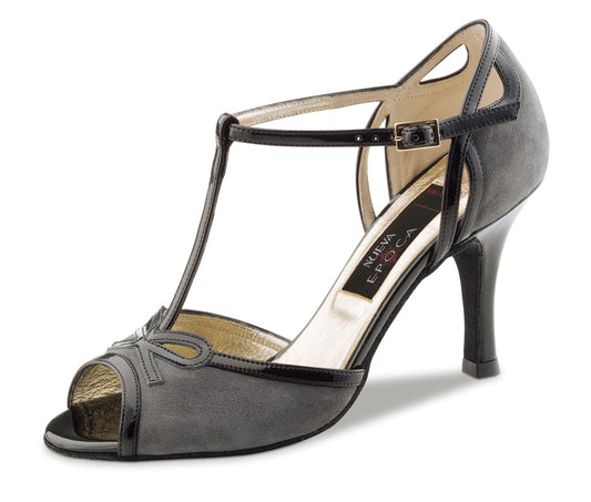 Werner Kern Alexia Ladies Open Toe Gray Suede and Black Patent Leather Tango Dance Shoe with T-Bar