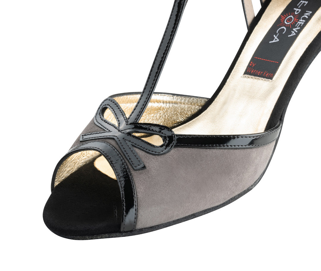 Werner Kern Alexia Ladies Open Toe Gray Suede and Black Patent Leather Tango Dance Shoe with T-Bar