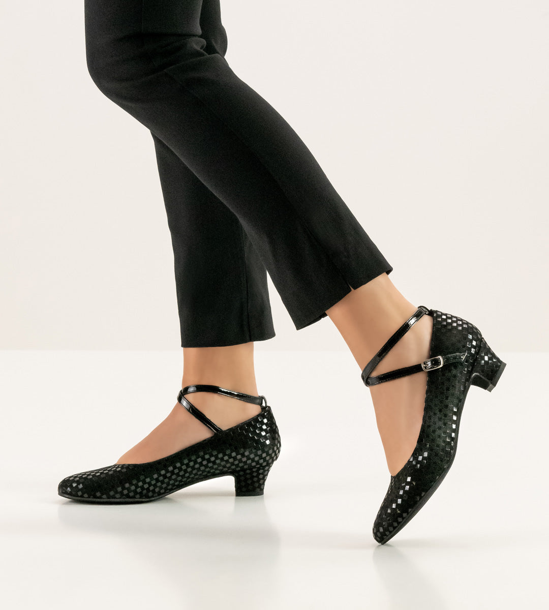 Werner Kern Alice Ladies Ballroom Shoes in Checkered Black Suede Leather with Criss Cross Strap