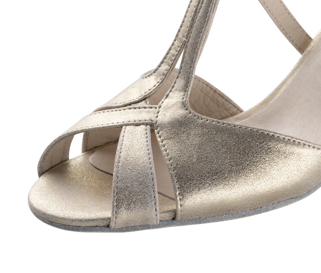 Werner Kern Amy Ladies Open Toe Shimmering Gold Suede Leather with T-Strap and Narrow Width