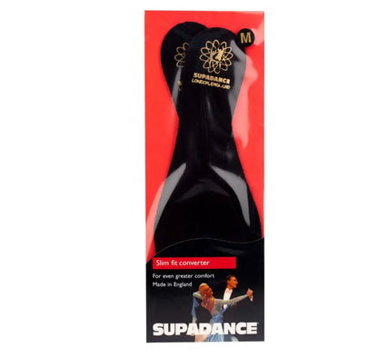 Supadance Slim Fit Converters in Black color, packaged in a red and black box with size M label for a narrower foot fit.