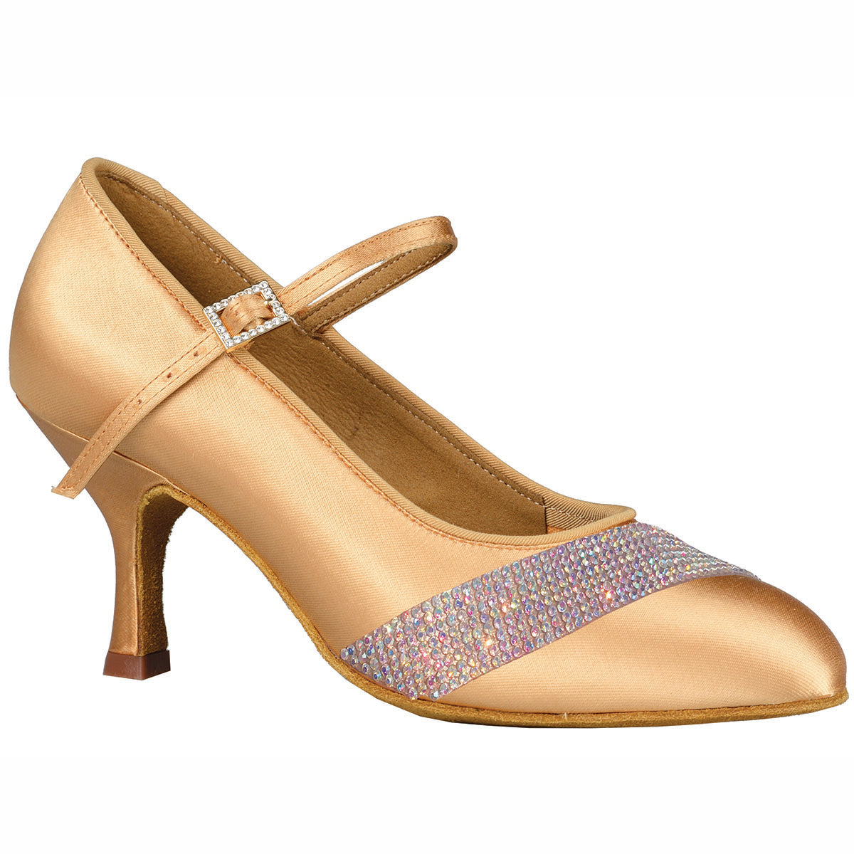 Dance America Brooklyn Rhinestone Ladies Light Tan Satin Ballroom Dance Shoe with Crystal AB Stones and Single Strap