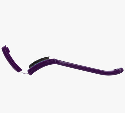 Supadance Chrome Shoe Brush in purple, opened to reveal strong bristles, with an attached protective cover for easy maintenance.