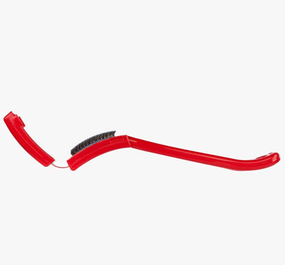 Supadance Chrome Shoe Brush in red, shown open to reveal sturdy bristles for cleaning, with an attached protective cover for storage.