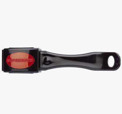 Supadance Chrome Shoe Brush in black with a red logo, featuring an attached protective cover for easy storage and shoe care.