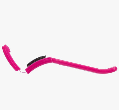 Supadance Chrome Shoe Brush in hot pink, opened to display sturdy bristles, with an attached protective cover for easy storage.