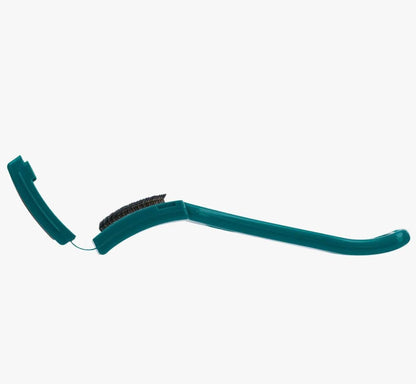 Supadance Chrome Shoe Brush in teal, opened to reveal durable bristles, with an attached protective cover for convenient shoe care.