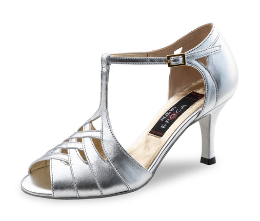 Werner Kern Caia Ladies Open Toe Silver Nappa Leather Latin Dance Shoe with T-Strap and Cutouts