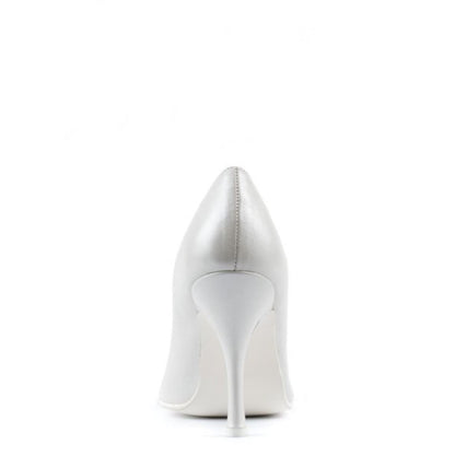 Rear view of Paoul Diana pearled ivory leather bridal and social dance shoe, showcasing its sleek stiletto heel and refined design.