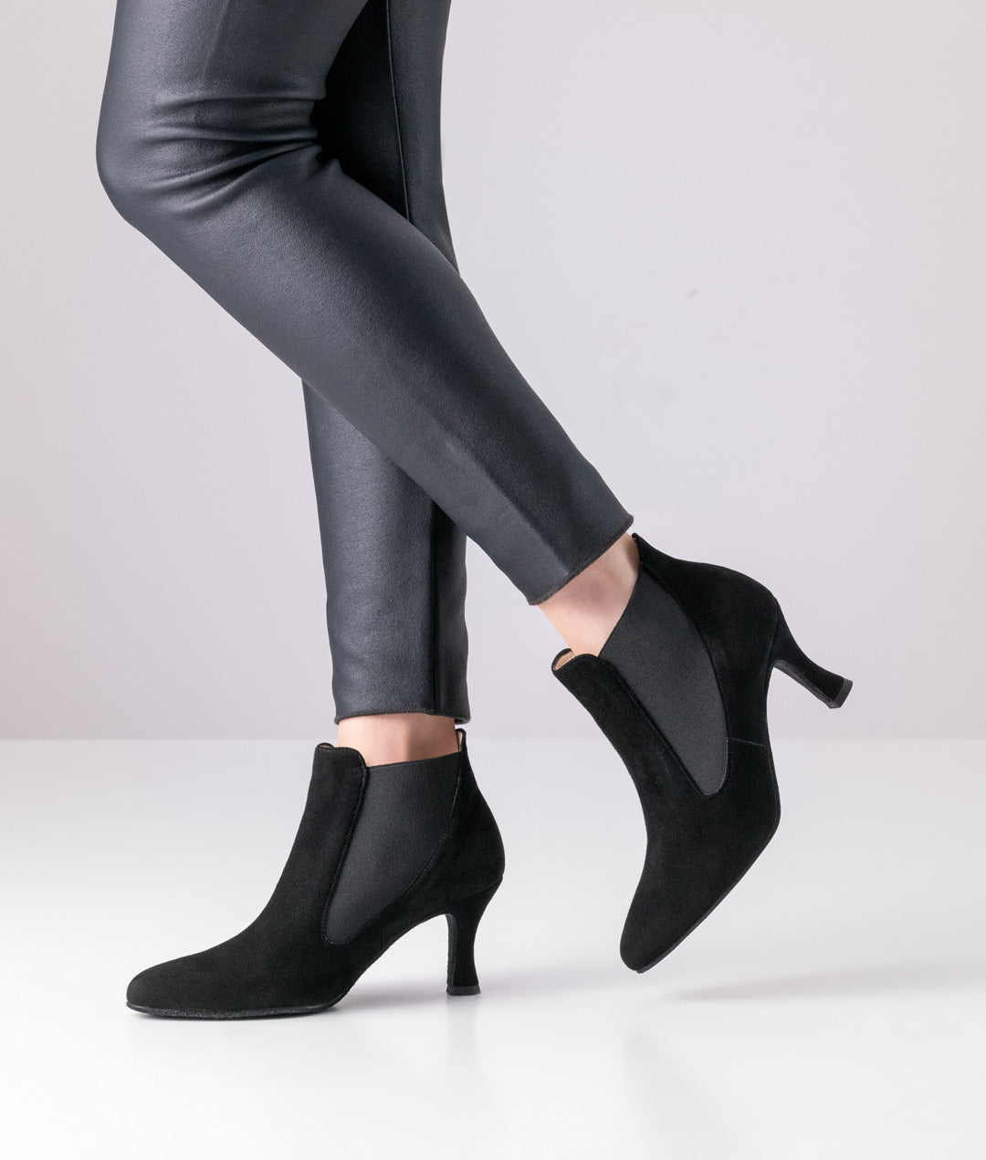 Dancer wearing Werner Kern Carina Black Suede Social Dance Ankle Boot with Elasticated Side Inserts