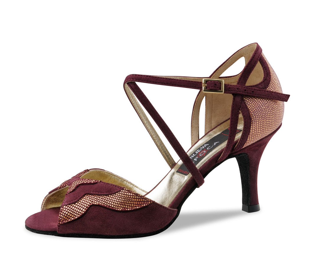 Left side view of Werner Kern Catalina Ladies Burgundy Suede and Sparkling Printed Leather Tango and Social Dance Shoe