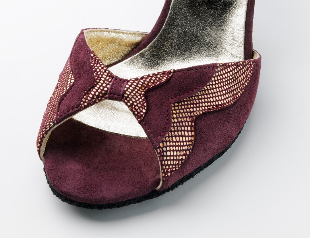 Detail view of Werner Kern Catalina Ladies Burgundy Suede and Sparkling Printed Leather Tango and Social Dance Shoe