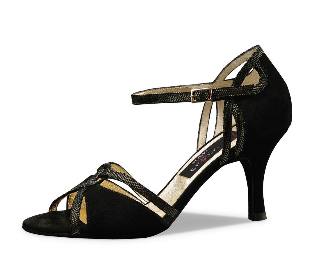 Werner Kern Christina Ladies Open Toe Black Suede and Printed Leather Latin Dance Shoe