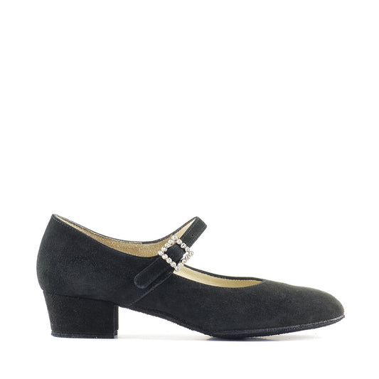 Ladies Black Suede Social Dance Shoe with Mary Jane Strap and Rhinestone Buckle