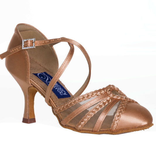 Dance America Columbia Ladies Tan Satin Smooth Ballroom Dance Shoe with Mesh and Rhinestone Buckles