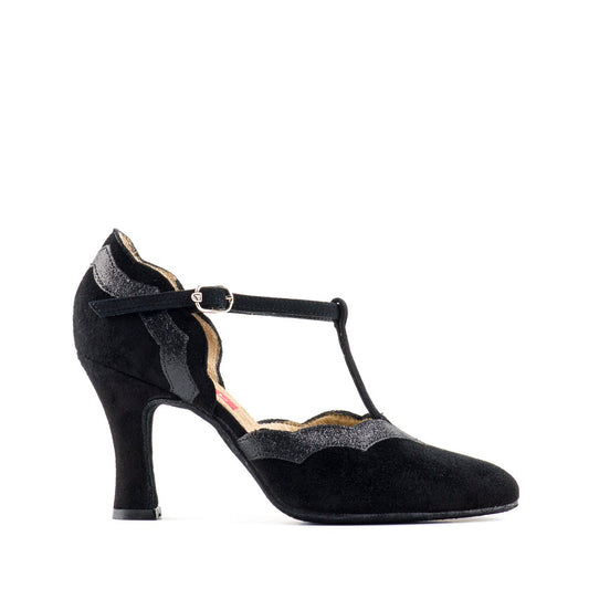 Ladies Black Suede Argentine Tango Dance Shoe with Glitter Contrast and T-Bar