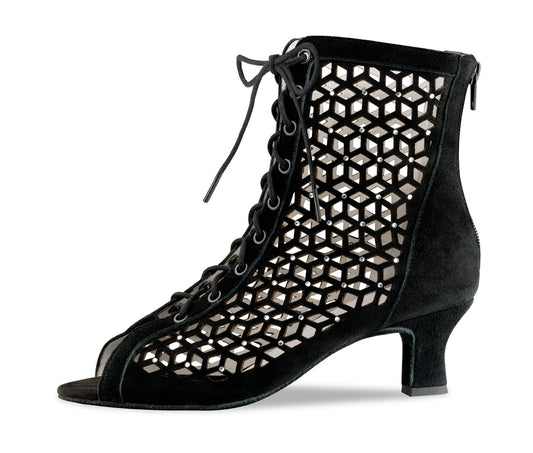 Side view of Werner Kern Elaine Ladies Sexy Black Suede Ankle Social Dance Boot with Low Heel and Rhinestones