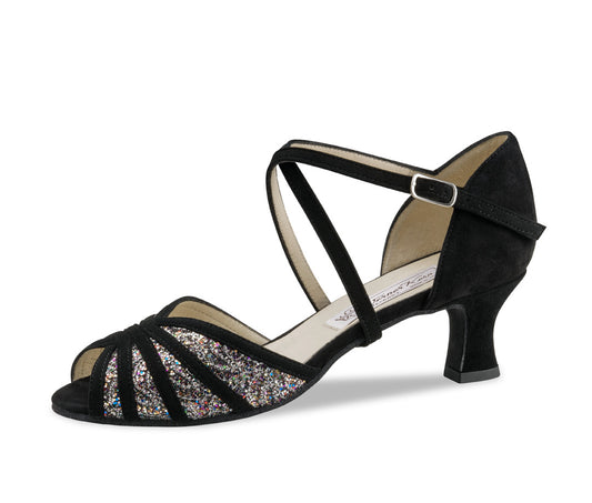 side view of Werner Kern Ellie Ladies Black Suede and Brocade Tango and Social Dance Shoe with Low Heel