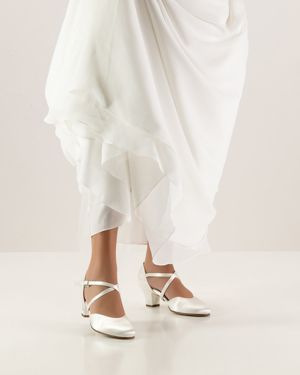 Werner Kern Felice Bridal Ballroom Shoes in White Satin with Leather or Suede Soles and Multiple Heel Heights