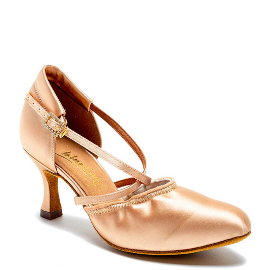 International Dance Shoes IDS American Flex_SALE Ladies Peach Satin Smooth Ballroom Dance Shoe in Stock