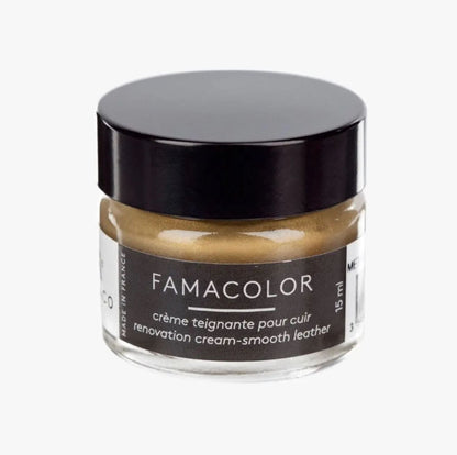 Famacolor gold cream polish for leather shoe scuffs, 15ml jar. Ideal for restoring and smoothing leather surfaces.