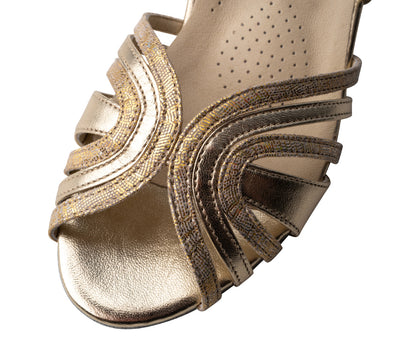 Detailed close-up of Werner Kern Social Dance Shoes KIM in gold, showcasing intricate metallic strap design and soft insole for comfort.