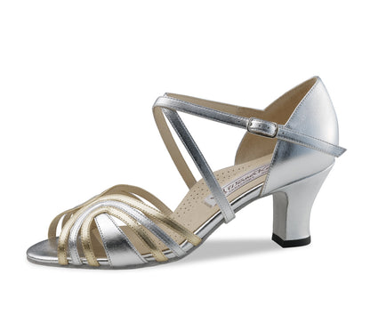 Werner Kern Social Dance Shoes KIM in silver and gold with elegant strappy design and mid-heel, perfect for tango and bridal wear.