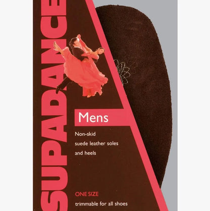Supadance men's replacement suede leather soles for dance shoes in dark brown. Designed for non-slip performance and customizable fit.