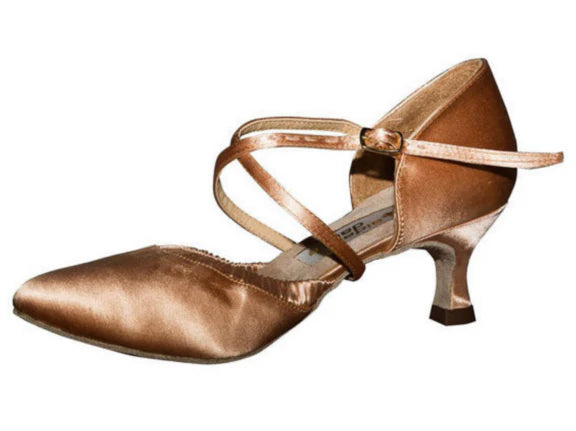 Aida Meredith_SALE 030P Tan Satin Ladies Smooth Ballroom Dance Shoe with Elastic Band