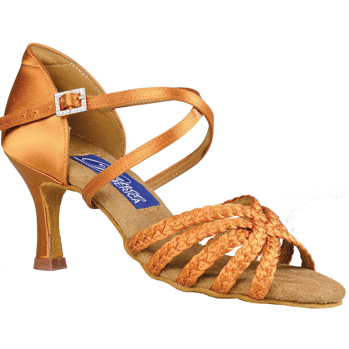 Dance America Miami Ladies Dark Tan Satin Latin Dance Shoe with Braided Strapping