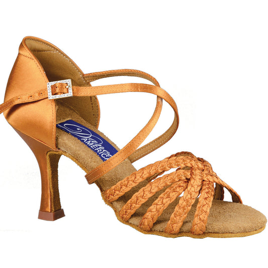 Dance America Miami Ladies Dark Tan Satin Latin Dance Shoe with Braided Strapping