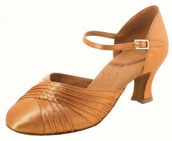 Tan ballroom shoe for ladies with ankle strap and cross over design on toe