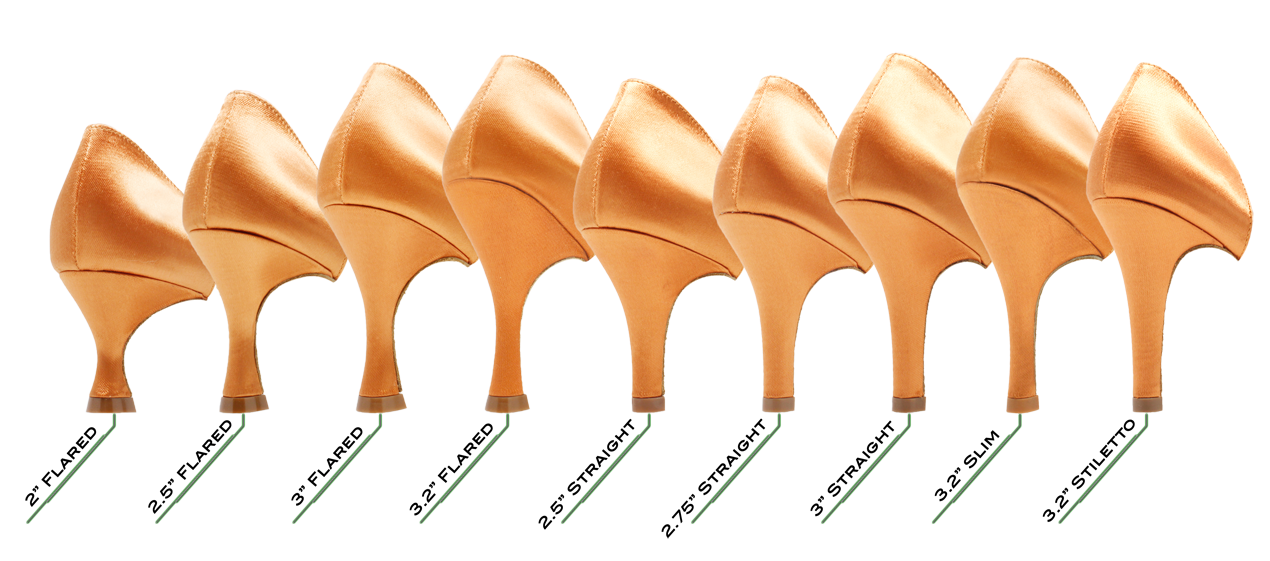 Heel Chart for Ray Rose Ladies Latin shoes with various heel heights and styles