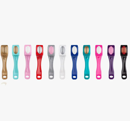 Supadance Chrome Shoe Brush set in 11 vibrant colors, each with an attached protective cover for convenient shoe care and maintenance.