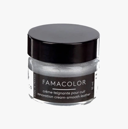 Famacolor silver cream polish for leather shoe scuffs, 15ml jar. Perfect for leather renovation and smooth finish.