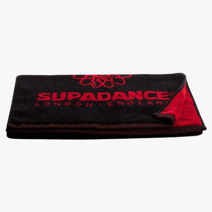 Supadance black and red cotton hand/neck towel featuring bold red branding and a soft, absorbent texture. Ideal for dance practice or daily use.