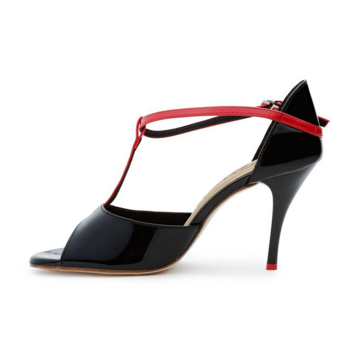 BD Dance TG001 Open Toe Black Patent and Red Leather Tango and Social Dance Shoe with Stiletto Heel