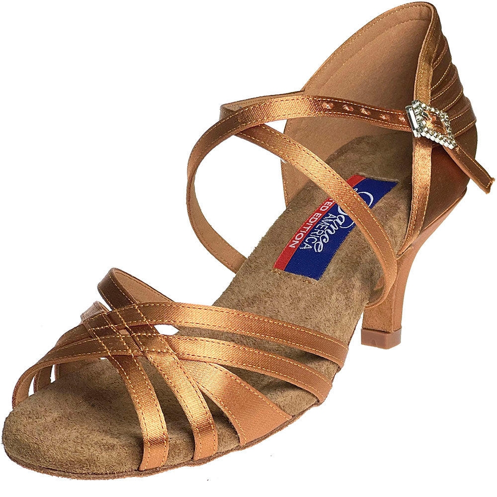 Dance America Limited Edition Vegas Dark Tan Satin Latin Dance Shoe with Slim Heel (Available with Rhinestones)