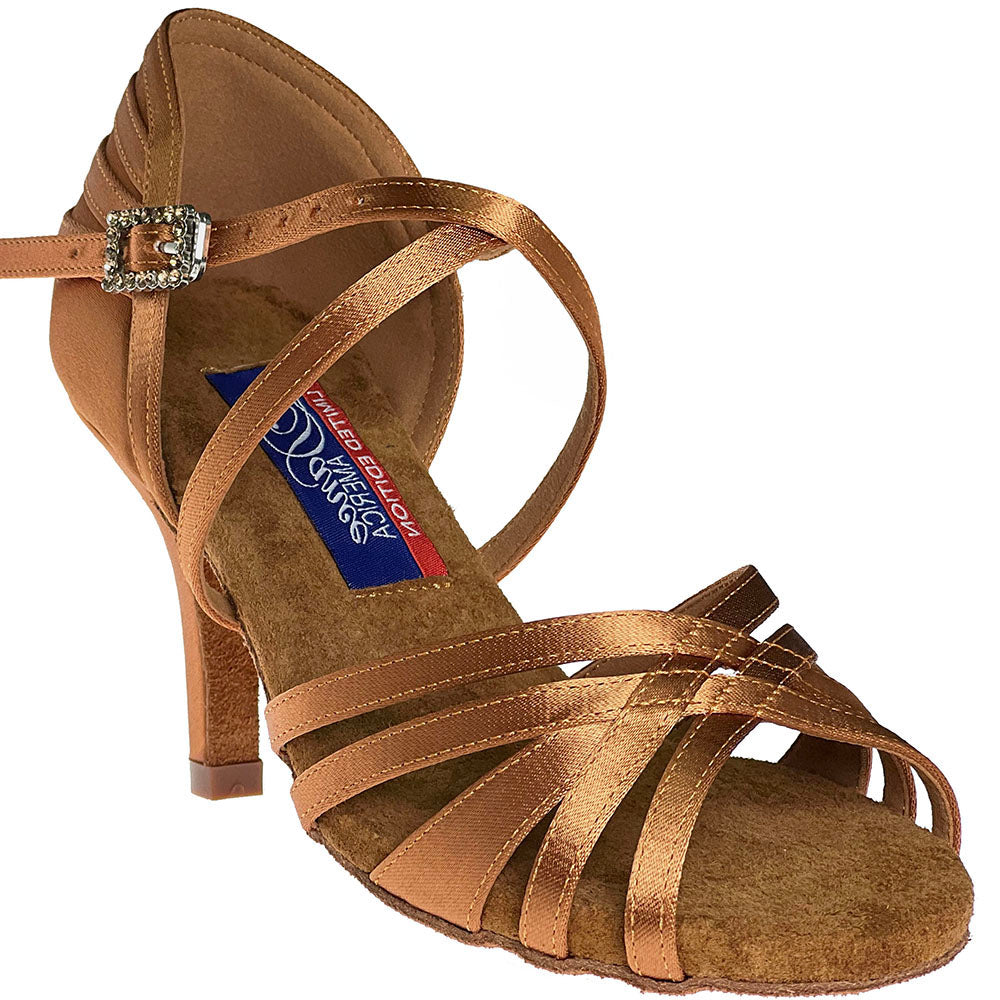 Dance America Limited Edition Vegas Dark Tan Satin Latin Dance Shoe with Slim Heel (Available with Rhinestones)